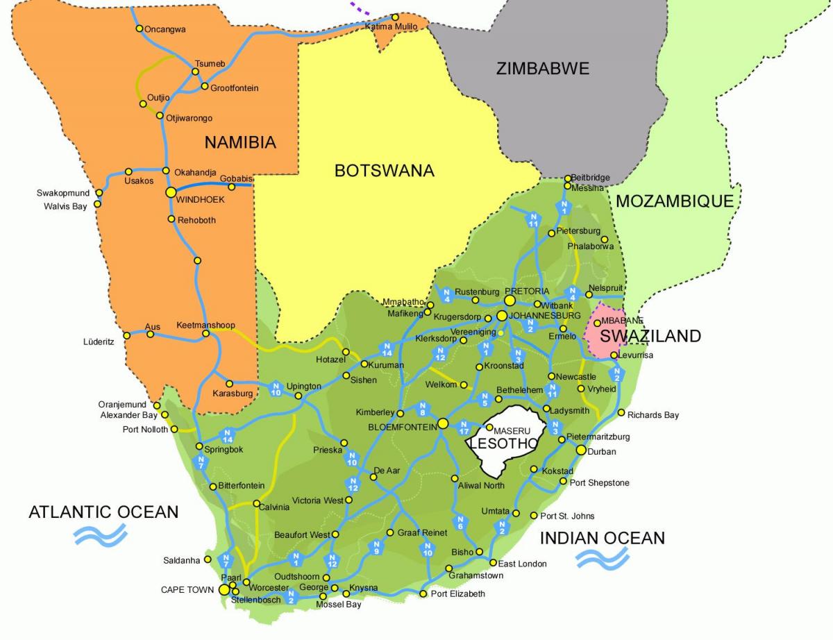 mapa de Lesoto e áfrica do sur